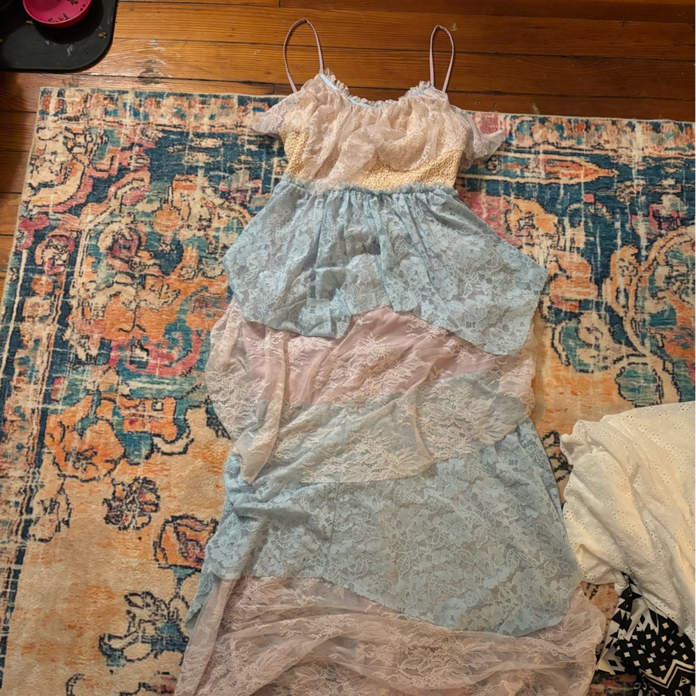 Love Shake Fancy look Elegant Lace Maxi Dress in Blue and Cream